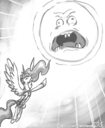 Size: 800x970 | Tagged: safe, artist:johnjoseco, princess celestia, alicorn, pony, g4, crossover, derp, eyes closed, faic, flying, frown, grayscale, majestic as fuck, monochrome, open mouth, raising the sun, rick and morty, screaming sun, spread wings, sun, sun work, the wedding squanchers, wide eyes