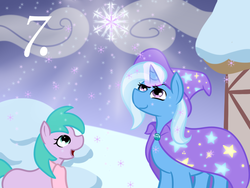 Size: 800x600 | Tagged: safe, artist:mod-named-carot, aura (g4), trixie, pony, unicorn, g4, female, mare, snow, snowfall