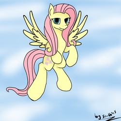 Size: 3000x3000 | Tagged: safe, artist:scribbles151, fluttershy, pegasus, pony, g4, cloud, day, female, flying, high res, looking at you, sky, solo