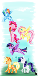 Size: 1890x3780 | Tagged: safe, artist:plnki, artist:sparkofswiss, applejack, fluttershy, pinkie pie, rainbow dash, rarity, twilight sparkle, alicorn, pony, g4, female, flying, mane six, mare, tail pull, twilight sparkle (alicorn)