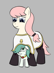 Size: 671x900 | Tagged: safe, artist:pandacraft, oc, oc only, oc:emerald jewel, oc:hope blossoms, pony, colt quest, adult, clothes, colt, cute, cyoa, female, floppy ears, foal, gray background, looking down, male, mare, ponytail, simple background