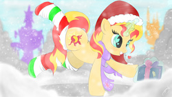 Size: 2556x1440 | Tagged: safe, artist:classedapex, sunset shimmer, pony, unicorn, g4, christmas, clothes, female, glowing horn, hat, heart, heart eyes, horn, implied sunsetsparkle, present, santa hat, scarf, snow, snowfall, socks, solo, striped socks, wingding eyes