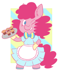 Size: 593x715 | Tagged: safe, artist:typhwosion, pinkie pie, semi-anthro, g4, clothes, female, one eye closed, serving tray, simple background, solo, transparent background, wink
