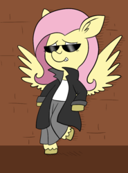 Size: 612x825 | Tagged: safe, artist:typhwosion, fluttershy, pony, g4, bipedal, bipedal leaning, clothes, coat, female, leaning, smugshy, solo, spread wings, sunglasses