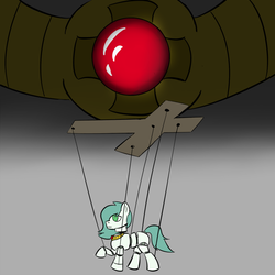 Size: 900x900 | Tagged: safe, artist:pandacraft, oc, oc only, oc:emerald jewel, colt quest, cyoa, foal, gray background, marionette, mind control, necklace, puppet, simple background