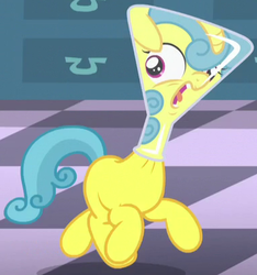 Size: 381x407 | Tagged: safe, screencap, lemon hearts, pony, unicorn, amending fences, g4, cropped, erlenmeyer flask, female, filly, flask, flaskhead hearts, horrified, running, science, solo