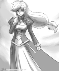 Size: 800x970 | Tagged: safe, artist:johnjoseco, applejack, human, g4, artoria pendragon, breasts, busty applejack, clothes, cosplay, costume, fate/stay night, female, grayscale, humanized, monochrome, saber, solo