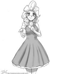 Size: 800x970 | Tagged: safe, artist:johnjoseco, pinkie pie, human, g4, clothes, dress, female, grayscale, humanized, looking at you, monochrome, solo