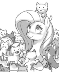 Size: 800x970 | Tagged: safe, artist:johnjoseco, fluttershy, cat, pegasus, pony, g4, :3, cute, female, grayscale, kitten, mare, monochrome, prone, simple background, smiling, white background