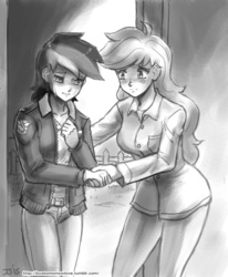 Size: 900x1091 | Tagged: safe, artist:johnjoseco, applejack, rainbow dash, human, g4, clothes, crying, female, grayscale, humanized, lesbian, monochrome, ship:appledash, shipping