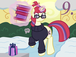 Size: 800x600 | Tagged: safe, artist:mod-named-carot, moondancer, g4, blushing, book, female, glasses, present, snow, solo, winter