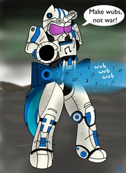 Size: 931x1280 | Tagged: safe, artist:nuka-kitty, dj pon-3, vinyl scratch, anthro, g4, bass cannon, fallout, funny, gill sans, power armor, powered exoskeleton, t51 power armor, wasteland, wub