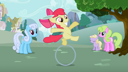 Size: 1366x768 | Tagged: safe, screencap, apple bloom, daisy, dinky hooves, flower wishes, linky, shoeshine, g4, the cutie pox, loop-de-hoop