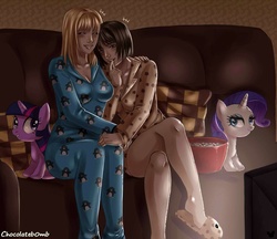 Size: 1391x1200 | Tagged: safe, artist:chocolateb0mb, rarity, twilight sparkle, human, g4, clothes, crossover, female, footed sleeper, lesbian, london tipton, maddie fitzpatrick, pajamas, plushie, slippers, the suite life of zack and cody