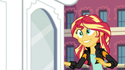 Size: 1280x720 | Tagged: safe, edit, edited screencap, screencap, sunset shimmer, equestria girls, g4, my little pony equestria girls: friendship games, :d, canterlot high, creepy smile, grin, sunedge shimmer, time travel