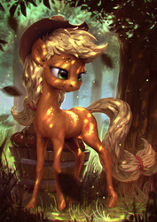 Size: 850x1200 | Tagged: safe, artist:assasinmonkey, applejack, earth pony, pony, g4, apple, female, food, hat, skinny, solo, thin, tree