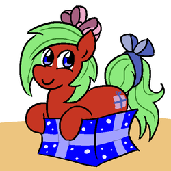 Size: 600x600 | Tagged: safe, artist:jargon scott, oc, oc only, pony, bow, box, hair bow, pony in a box, present, ribbon, solo, tail bow
