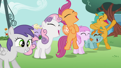 Size: 1366x768 | Tagged: safe, screencap, dinky hooves, piña colada, scootaloo, snails, snips, sweetie belle, tornado bolt, g4, the cutie pox, cheering, excited, happy, jumping