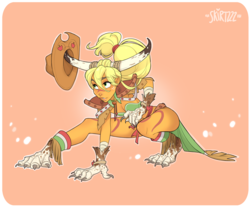 Size: 2500x2083 | Tagged: safe, artist:skirtzzz, part of a set, applejack, human, g4, berserker, breasts, claws, cleavage, clothes, crouching, dress, dressphere, female, final fantasy, final fantasy x-2, gala dress, high res, horns, humanized, pony coloring, solo