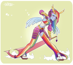 Size: 2500x2237 | Tagged: safe, artist:skirtzzz, part of a set, rainbow dash, human, armpits, belly button, clothes, crossover, dreamworks face, dress, dressphere, female, final fantasy, final fantasy x-2, gala dress, humanized, midriff, pony coloring, samurai, solo, sword, weapon, winged humanization, wings