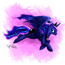 Size: 1000x1000 | Tagged: safe, artist:lightningdasher, princess luna, alicorn, pony, g4, female, flying, looking at you, simple background, solo, wings