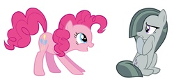 Size: 3448x1628 | Tagged: safe, artist:éclair, marble pie, pinkie pie, g4, female, happy, lesbian, open mouth, pie sisters, pie twins, ship:marbinkie, shipping, shy, simple background, twins, vector, white background