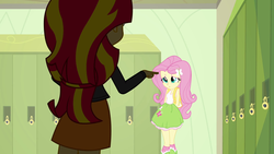 Size: 1920x1080 | Tagged: safe, fluttershy, sunset shimmer, equestria girls, g4, my little pony equestria girls, clothes, fluttershy's skirt, legs together, skirt