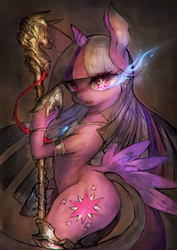 Size: 1270x1795 | Tagged: safe, artist:girlsay, twilight sparkle, alicorn, pony, g4, bipedal, butt wings, female, looking at you, mare, solo, staff, twilight sparkle (alicorn), wingding eyes