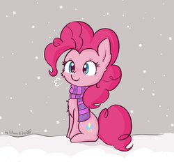 Size: 775x720 | Tagged: dead source, safe, artist:dsp2003, artist:tjpones, pinkie pie, earth pony, pony, g4, clothes, collaboration, cute, diapinkes, female, mare, scarf, snow, snowfall, snowflake, solo