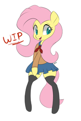 Size: 575x858 | Tagged: safe, artist:hidden-cat, fluttershy, pegasus, pony, g4, bipedal, clothes, female, schoolgirl, solo, wip