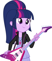 Size: 2457x2880 | Tagged: safe, artist:xebck, twilight sparkle, equestria girls, g4, my little pony equestria girls: friendship games, alternate hairstyle, alternate universe, clothes, clothes swap, female, flying v, guitar, high res, jacket, necklace, role reversal, simple background, solo, transparent background, vector
