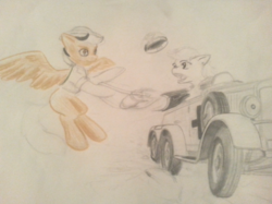 Size: 1261x945 | Tagged: safe, artist:twistedsteelpony, daring do, oc, oc:aryanne, g4, automobile, car, clothes, driving, flying, handbag, hat, open mouth, photo, pulling, road, stealing, traditional art, uniform, wind, wip