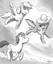 Size: 800x970 | Tagged: safe, artist:johnjoseco, edit, daring do, derpy hooves, doctor whooves, time turner, earth pony, pegasus, pony, g4, black and white, flying, grayscale, monochrome, running