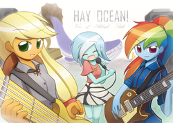 Size: 1680x1194 | Tagged: safe, artist:howxu, applejack, lyra heartstrings, rainbow dash, whale, equestria girls, g4, ashleigh ball, commissioner:ajnrules, cute, eyes closed, guitar, hatless, hey ocean, hey ocean!, looking at you, microphone, missing accessory, open mouth, smiling, smirk, trio, voice actor joke