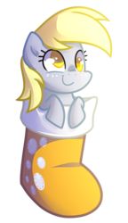 Size: 963x1670 | Tagged: safe, artist:drawntildawn, derpy hooves, pegasus, pony, g4, christmas stocking, cute, derpabetes, female, leaning, mare, simple background, smiling, solo, transparent background