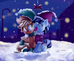 Size: 3649x2994 | Tagged: safe, artist:discorded, applejack, coloratura, earth pony, pony, g4, :t, christmas, clothes, cute, eyes closed, face licking, female, fluffy, freckles, frown, hat, high res, hoof boots, hug, jackabetes, lesbian, licking, mare, mistletoe, open mouth, raised hoof, rara, rarabetes, santa hat, scarf, ship:rarajack, shipping, shocked, sitting, smiling, snow, snowfall, socks, tongue out, wide eyes