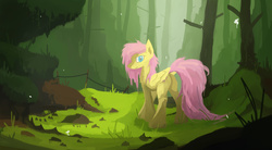 Size: 2500x1376 | Tagged: safe, artist:fuzzyfox11, fluttershy, g4, female, folded wings, forest, looking at you, looking back, nature, scenery, solo