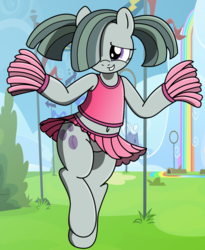 Size: 2300x2800 | Tagged: safe, artist:an-tonio, artist:pananovich, color edit, edit, marble pie, earth pony, pony, g4, alternate hairstyle, belly button, cheerleader, clothes, colored, female, high res, midriff, panties, pigtails, pom pom, skirt, skirt lift, solo, tank top, underwear, upskirt, white underwear