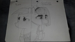 Size: 2560x1440 | Tagged: safe, artist:sniperbat97, coloratura, g4, bad cropping, countess coloratura, duo, grayscale, lined paper, monochrome, pencil drawing, rara, sketch, traditional art