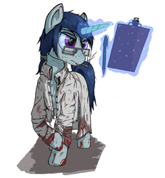 Size: 1165x1261 | Tagged: safe, artist:sv37, oc, oc only, oc:triage, pony, fallout equestria, fallout equestria: project horizons, blood, cigarette, clothes, doctor, glasses, lab coat, magic, smoking, telekinesis