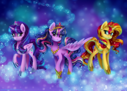 Size: 1400x1000 | Tagged: safe, artist:frostykat13, starlight glimmer, sunset shimmer, twilight sparkle, alicorn, pony, accessories, alicornified, alicorns only, beautiful, counterparts, crown, cute, glimmerbetes, jewelry, looking at you, magical trio, princess, princess starlight glimmer, race swap, raised hoof, regalia, s5 starlight, shimmerbetes, shimmercorn, smiling, sparkles, starlicorn, stars, trio, twiabetes, twilight sparkle (alicorn), twilight's counterparts, wingding eyes