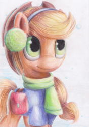 Size: 2464x3500 | Tagged: safe, artist:camyllea, applejack, g4, absurd file size, clothes, earmuffs, female, high res, saddle bag, scarf, smiling, solo, sweater, traditional art