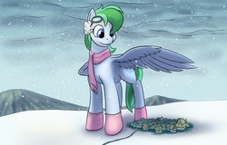 Size: 1280x818 | Tagged: safe, artist:clock-face, part of a set, oc, oc only, oc:minty (silverflame), pegasus, pony, comic:minty, comic:minty (silverflame), boots, clothes, earmuffs, goggles, growth, macro, scarf, snow, snowfall, solo, town, wing umbrella