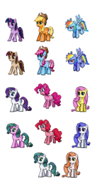 Size: 271x493 | Tagged: safe, applejack, fluttershy, pinkie pie, rainbow dash, rarity, sweetie blue, twilight sparkle, g4, mane six, pixel art, pokémon, ponymon, simple background, transparent background