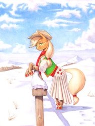 Size: 1100x1452 | Tagged: safe, artist:baron engel, applejack, earth pony, pony, g4, bipedal leaning, breath, clothes, dress, female, fence, pencil drawing, snow, solo, traditional art, winter