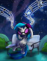 Size: 1024x1325 | Tagged: safe, artist:loreto-arts, dj pon-3, vinyl scratch, pony, g4, bench, female, solo