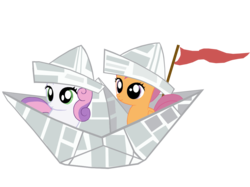 Size: 1067x800 | Tagged: safe, artist:dmn666, scootaloo, sweetie belle, pegasus, pony, unicorn, g4, ponyville confidential, female, filly, foal, hat, horn, newspaper, paper, paper boat, paper hat, ship, simple background, transparent background, vector