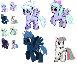 Size: 612x522 | Tagged: safe, artist:dmn666, blossomforth, cloudchaser, flitter, star hunter, g4, pixel art, pokémon, ponymon, shiny pokémon, simple background, transparent background