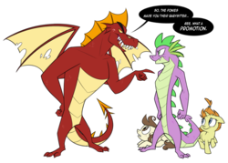 Size: 1024x733 | Tagged: dead source, safe, artist:metalmane, garble, pound cake, pumpkin cake, spike, dragon, pegasus, pony, unicorn, g4, cake twins, colt, dialogue, female, filly, floppy ears, foal, looking at you, male, older, older garble, older spike, open mouth, pointing, prone, protecting, raised hoof, simple background, spread wings, teenage spike, teenaged dragon, transparent background, wings