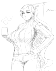 Size: 800x1010 | Tagged: safe, artist:lvl, princess celestia, human, g4, amazon, big breasts, breasts, busty princess celestia, clothes, coffee, coffee mug, female, food, humanized, monochrome, solo, sweater, tallestia